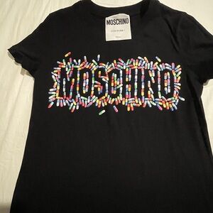 Moschino Black Tee with Multicolor Pill Graphic